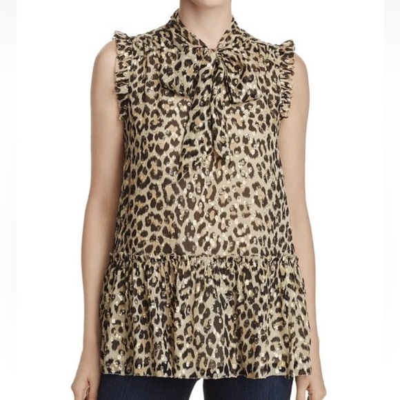 Kate Spade Leopard Print Silk Blend Sparkly Shimmer Ruffle Tie up Blouse - Picture 4 of 9